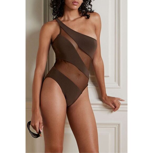 Norma Kamali Women's Brown Snake One-Shoulder Mesh-Paneled Swimsuit Large NWOT - Picture 1 of 7